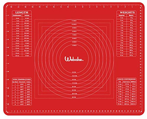 Webake Silicone Pastry Rolling Mat Non Stick Baking Mat with Measurement 50 x 40 cm Non-Slip Dough kneading Mats Counter Table Mat for Making Pie, Pizza, Cake, Cookies, Macarons, Bread, Red