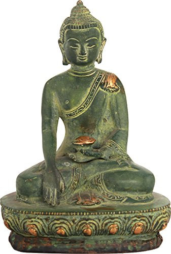 Exotic India Buda Sentado en una Loto, Color Verde Envejecido, tamaño: 5 x 9 x 14 cm