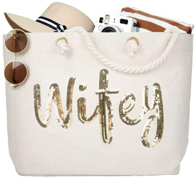 ELEGANTPARK Wifey Tote Bridal Shower Gift Wedding Bride Gifts Honeymoon Anniversary Wedding Beach Bag Jute Bag with Gold Sequin Interior Pocket
