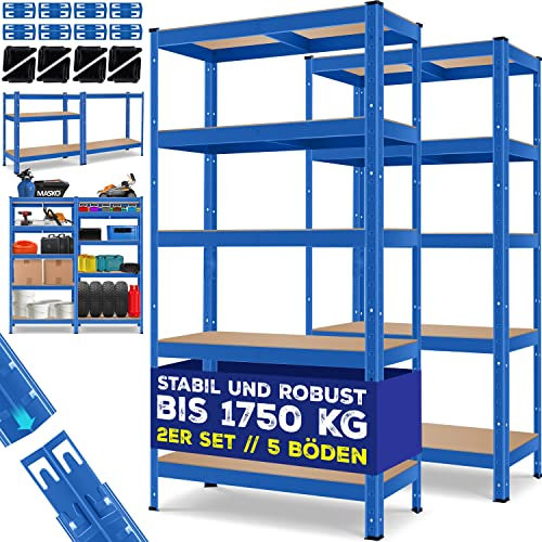 MASKO® 2er-Set Lagerregal Schwerlastregal, Kellerregal, 180 x 90 x 40 cm, bis 875 kg belastbar, 5 verstellbare Ablagen, MDF-Platten Regal aus Metall, Steckregal, Werkstattregal, Keller, Garage Blau