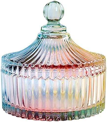 LUCKTE Luxury Colorful Tent Shaped Crystal Candy Jar with Lid,Clear Glass Apothecary Canister Wedding Candy Buffet Jar (Rainbow, 10 oz)