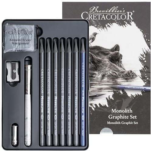 CRETACOLOR Monolith Graphit Set – Künstlerstifte aus Vollmine mit Zubehör – Zeichen-Set mit wasservermalbarem Graphit, Knetgummi, Spitzer & Halter – für Zeichner & Kreative