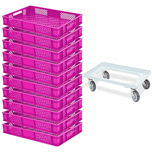 BRB 10 Eurobehälter, LxBxH 600x400x90 mm, Industriequalität, lebensmittelecht + 1 Transportroller (pink/weiß)