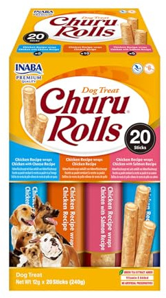 INABA Churu Rolls Hundsnacks, kycklingpinnar i 3 smaksorter - 20 pinnar x 12 g - Hundbitar, mjuka och läckra hundbitar, utan konserveringsmedel eller konstgjorda färgämnen