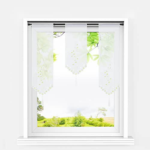 HeichkelL 3-teilige Scheibengardinen Set Voile Kurzstores mit Stickerei und Quaste Panneaux Bistrogardine Küche Lamellen Gardinen Grün BxH 20x50cm*1 + 20x70cm*2