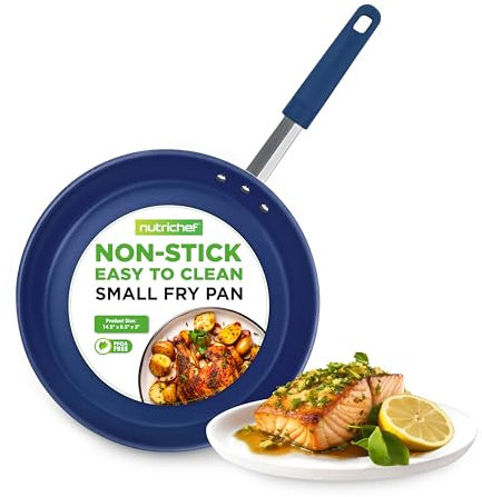 Nutrichef 8 Small Fry Pan - Small Skillet Nonstick Frying Pan with Silicone Handle, Ceramic Coating, Blue Silicone Handle, Stain-Resistant, and Easy to Clean, Professional Home Cookware