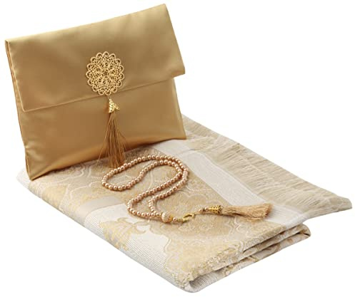 Gebetsteppich transportabel mit Tasche und Tesbih- Seccade- Prayer Rug-Islamischen-Namaz- Janamaz (Gold 1 (tesbih))