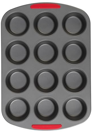GoodCook MegaGrip 12-Cup Muffin Pan with Silicone Grip Handles Perfect for Cupcakes Durable Heavy-Gauge Steel Construction Scratch-Resistant Nonstick Coating, 15.5x10.5-Inch, Gray