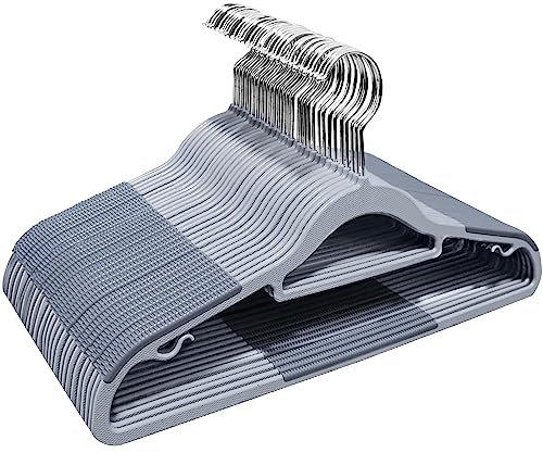 ABHENG 30 Stück Kleiderbügel, Rutschfester Kunststoffbügel, Platzsparender Bügel, 360° Drehbarer Haken, Dicke 0,5 cm, 42 cm lang, für Mäntel, Kleider, Hemden, Grau + Silber, APY0330G