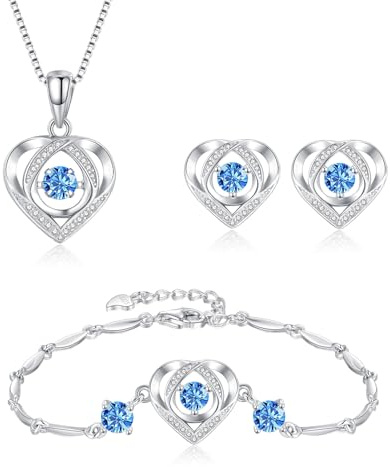 Bewenda Silber Schmucksets für Damen, 925 Sterling Silber Herz Anhänger Halskette & Ohrringe Ohrstecker & Armband Set, 3 Stück Schmucksets mit Weiß/Rosa/Blau Zirkonia, Süße Schmuckset mit Geschenkbox