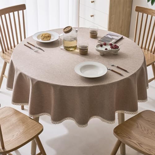 KUAOOAUK 160cm Runde Tischdecke, Abwaschbar Baumwollleinen Tischwäsche | Braun,TPU-Beschichtung,Staubabweisend,Spitzenbesätze,Abriebfest, für Wohnzimmer Esszimmer Balkon Garten Küche Restaurant