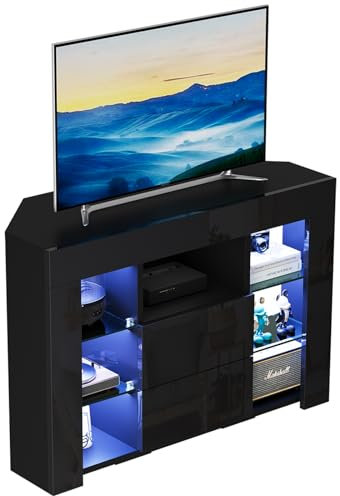 Dripex TV Lowboard Eckschrank mit LED Beleuchtung Schwarz Hochglanz Fernsehschrank Eckkommode Fernsehtisch TV Schrank 100x68x40 cm (Schwarz)