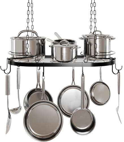 TICKCACY 24.4” Metal Pot Rack Hanging, Oval Pan Rack Hanging with Hooks | Heavy Duty Ceiling Pot Rack with Grid, Black Pot and Pan Hangers for Kitchen Cookware Utensils Toiletries, Easy Assembly