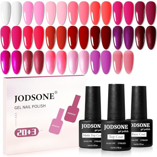 JODSONE Set di 23 smalti in gel glitterato con base soak off, opaco e lucido, top coat glossy top coat glitter rosso rosa color High Shine and Fashion Gel Smalto Kit