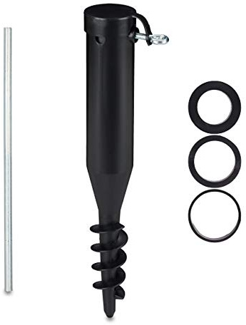 Relaxdays 2 x Bodenhülse Sonnenschirm, Bodendübel zum Eindrehen, Adapter 40-52 mm, Kunststoff, Sonnenschirm Bohrer, schwarz