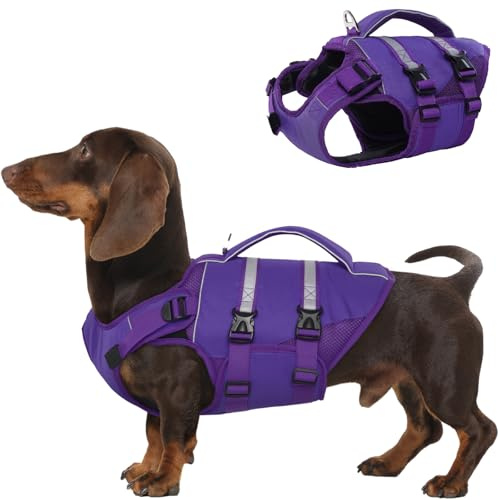 Kuoser Giubbotto di salvataggio per cani di taglia piccola, con manico e riflettente, regolabile, giubbotto salvagente per cani, giubbotto galleggiante per cani di taglia media, con galleggiamento