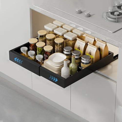 Organisateur d'armoire de cuisine extensible - Tiroir télescopique pour armoires de cuisine - Tiroir extensible - Sans perçage - 32-52 x 42 x 7 cm (l x L x H) - Noir (1 pièce)