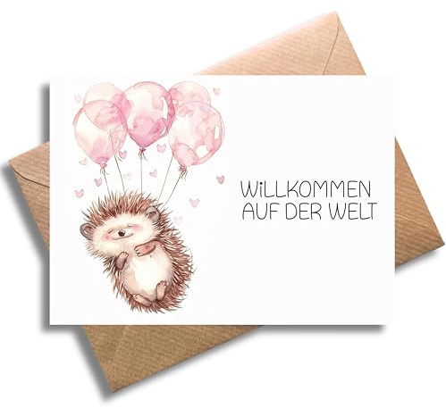 WBdesignz Geburtskarte „Willkommen auf der Welt“ – Niedliche Babykarte mit Igel & Ballons – Für Mädchen & Jungen – DIN A6 – 300g/m² Premium – Karte zur Geburt & Babyparty – Mit Umschlag