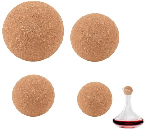 AHANDMAKER 4 Stück Weinkorkenball 4 Größen Weindekanter Korken Holzkorken Kugelverschluss Holzkorkenkugel Stopper Für Weindekanter Flaschenkaraffe Ersatz Glasflaschenzubehör 6.1cm/5cm/4cm/3cm