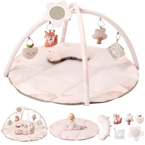 Fortella Spielbogen Baby, Spielmatte mit Bauchzeit Kissen und 5 Sensorik Spielzeug Abnehmbarem,Naturthemen Krabbeldecke für Babys ab der Geburt, Neugeborene & Kinder, 0-6-9-12 Monate-Rosa