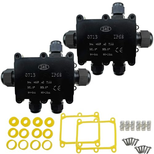 2 Stück Abzweigdose Wasserdichte IP68, 5 Wege Verteilerdose Klemmdose Abzweigdosen Kabelverbinder Erdkabel Klemmdose für 4mm-15mm Kabeldurchmesser, Schwarz