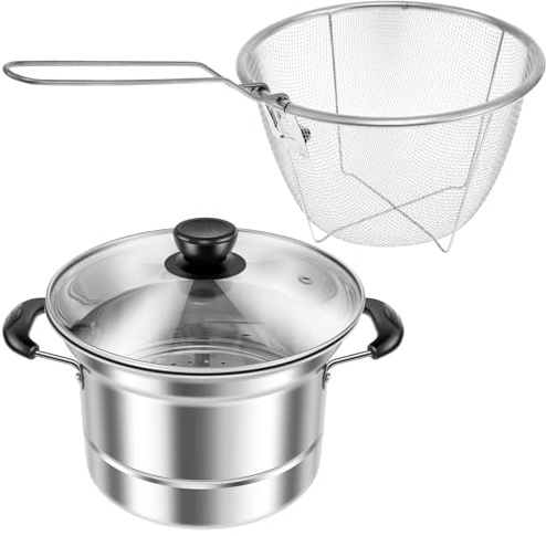 Deep Fryer Pot with Strainer Basket and Steamer Rack, 2 in 1 Stainless Steel Fryer Pot 18cm Non Stick Deep Fryer Saucepan Chip Pan with lid and Handle Multifunctional Deep Fryers for Chicken Seafood