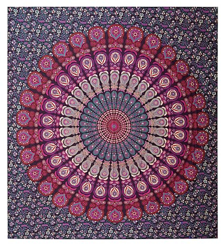 FURNISHFUL FINESSE Handmade Cotton Peacock Mandala Tapestry, Indian Wall Hanging, Boho Wall Art Tapestry for Bedroom, Psychedelic Trippy Hippie Room Decor, 76x102 CM (30x40 Inch), Purple Pink