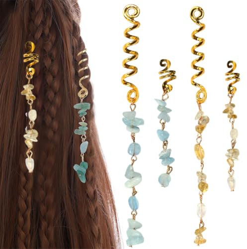 SIRLOMU Dreadlocks, 4 Stück, Wikinger, Spiralspulen aus Metall, Haarschmuck für Damen, Haarschmuck, Perle, für Männer und Frauen (Gold)