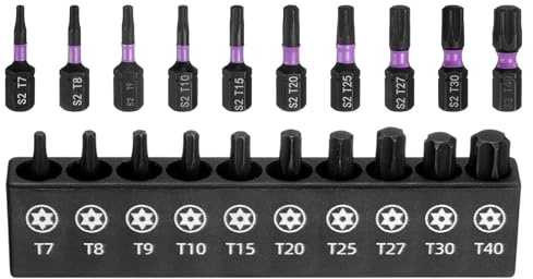 QUARKZMAN 10-teiliges Torx-Schraubendreher Bit Set S2-Stahl mit Bit-Halter | T7 T8 T9 T10 T15 T20 T25 T27 T30 T40, 1/4 Zoll Sechskantschaft, Magnetische Bitsatz Bohrer-Bits
