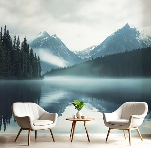 Fototapete Berge Wald 3D 250x175cm (B×H) Tapete, Nebel See Wohnzimmer Küche Schlafzimmer Seidenstoff Tapete, Wand Dekoration Wandtapete, UV-Beständig Montagefertig