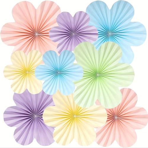 Belvanr 9 Stück Papierblumen zum Aufhängen, Pastell Papier Fächer Dekoration, Papierfächer Papierblumen Deko, für Partys, Hochzeiten, Festliche Dekorationen,Tischdekoration,Sommerblumen Deko