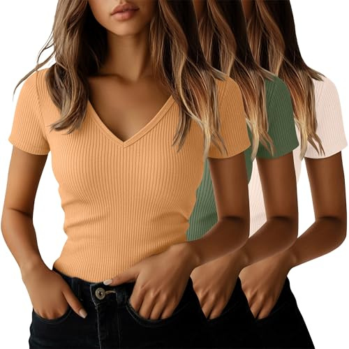 Ficerd 3 T-Shirt Donna Cotone a Coste Scollo a V | Maglie Basic a Maniche Corte, Outfit Business Casual, Top Aderenti Da Ufficio, Per Uscire E Per L'estate