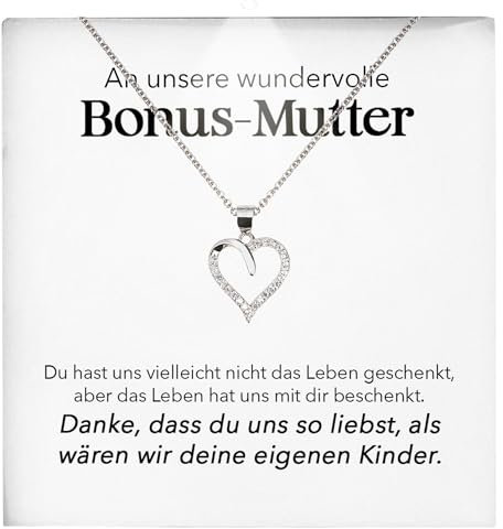 22Feels Stiefmama Geschenk Frauen Muttertag Schmuck Bonus Mama - Silber 925/000 Herz Halskette Damen - Stiefmutter Geburtstag Weihnachten Patchwork Familie - Karte Premium LED Licht Etui