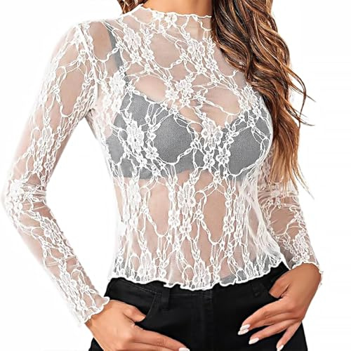 NewBull Top Donna Sexy Trasparente in Pizzo a Maniche Lunghe, Top in Maglia Mesh, Chemisier a Vista, T-Shirt, S-XL, bianco, S