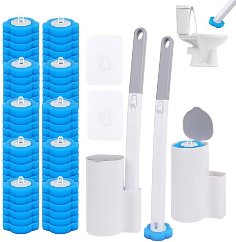 LYPPUL 2 Juego Escobilla Baño Desechable WC, Escobilla Desechable WC con Soporte, Cepillo para Inodoro con 60 Rellenos de Detergente para Fregadero Desagüe de baño（Perfume Ocean Fresh）