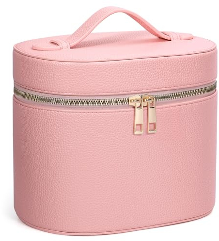 MaqSacion Makeup Bag Vanity Case for Women Leather Cosmetic Bag Makeup Organizer Case Portable Travel Toiletry Bag With Removable Compartments and Handle - Pink