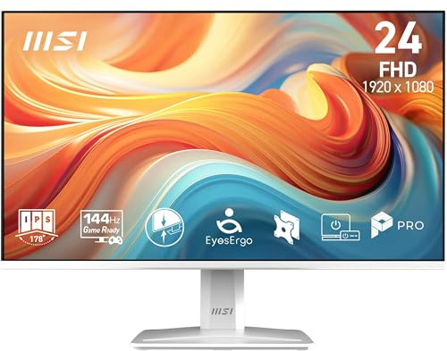 MSI Pro MP243WA E14 montior de 24 FHD, 1920 x 1080 IPS, 144 Hz, 1 ms, Compatible con HDR, Adaptive Sync, Eye Care, Altavoz Integrado, HDMI 1.4b, DP 1.2a, sin Marco, inclinación Ajustable, Vesa