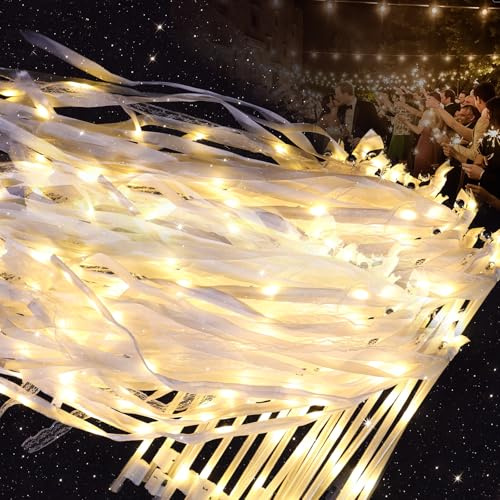 60 Wedding Send Off Light Up Wands with Sunny Yellow LED Ribbons, Bells & Streamers - Safe Photo Sparkler Alternative for Grand Exit, Favors, Kids Dance, Quinceañera