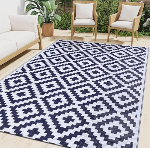 smiry Tappeto per esterni impermeabile per balcone, campeggio, tappeti UV-resistenti, lavabili, per esterni, reversibile per terrazza, giardino, camper - 150 x 240 cm, Blu marino e bianco