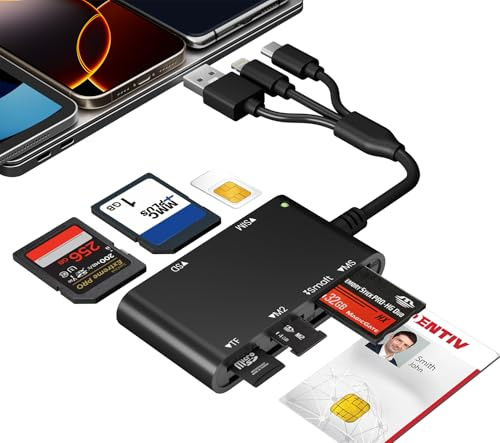 SIM-kortadapter för iPhone med trippelbelysning/USB-A/USB-C-port, 7-i-3, bärbar smart kortläsare – CAC-läsare och SIM/SD/TF/MS Pro Duo/M2/IC/PIV-kortläsare för Windows/macOS/Linux, Plug and Play