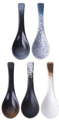 MAGICLULU Cucharas de Cerámica para Sopa Estilo Japonés, Juego de 5 Piezas en Colores Azul, Negro y Marrón, Tamaño Pequeño, Utensilios Multiusos para Cocina y Restaurante, Adecuado