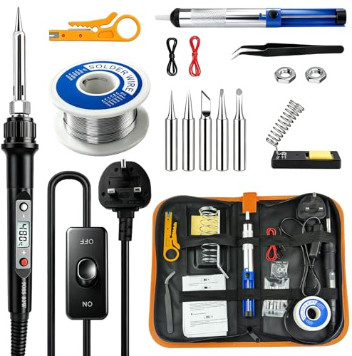 Soldering Iron Kit, 80W Adjustable LCD Temperature 180-520°C, 15 in 1 Electric Soldering Iron Kit, Welding Tools with Switch, Solder Wire, 5 Soldering Tips, Desoldering Pump, Wire Stripper