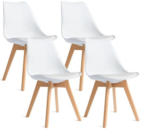 CangLong 4 Esszimmerstühle mit Beinen aus massivem Buchenholz, Modernes Retro-Design der Jahrhundertmitte, Polsterstühle für Küche, Esszimmer und Wohnzimmer, Weiß