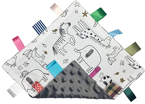 Minky Fabric Baby Security Blanket - Super Soft Sensory Comfort Towel Lovey - Elephant Giraffe Pattern, Great for Newborn to Toddler - 9 x 9 inches