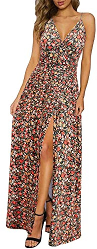 Newshows Women's Summer 2025 Dresses V Neck Spaghetti Strap Backless Casual Boho Western Vestidos Long Maxi Wedding Guest Dress (Black Floral Red, Medium)