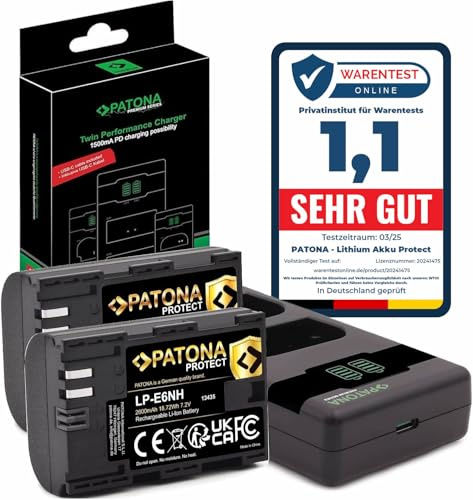 PATONA Set - 2X LP-E6NH Protect Akku 2600mAh mit PD Dual Ladegerät USB-C | Schnellladung ab 20W Netzteil, kompatibel mit Canon EOS R5 R6 R6II R7 5D Mark I-IV 5DS 60D 70D 80D 90D XC10 XC15