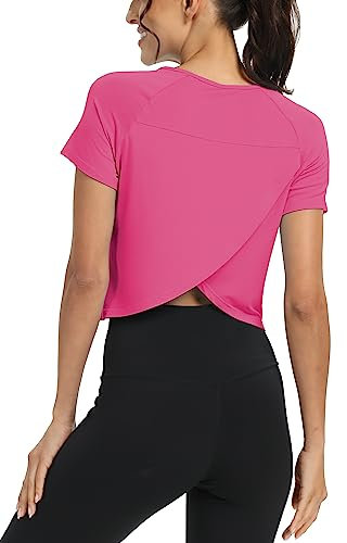 Mippo Short Sleeve Workout Tops Athletic Shirts Gym Clothes Exercise Running Crop Top Tshirts for Women Loose Fit Fuchsia L