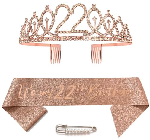 Écharpe et diadème pour 22e anniversaire - Couronne 22 cristaux en or rose - Décoration d'anniversaire pour filles et femmes - Accessoires de fête d'anniversaire