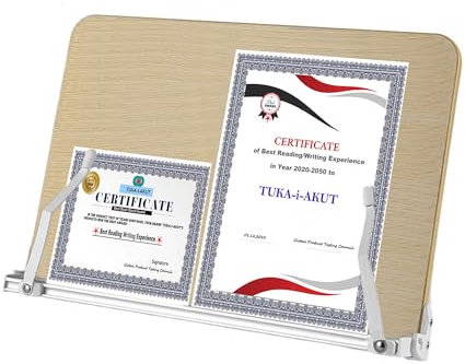 TUKA-i-AKUT Soporte de Libros de Aluminio y Madera de Roble, Ángulos Ajustable 12 Posiciones, Soporte para Lectura y Comodidad Escritura, Atril para Libros Tableta Portátil 41x28cm TKD8062-L