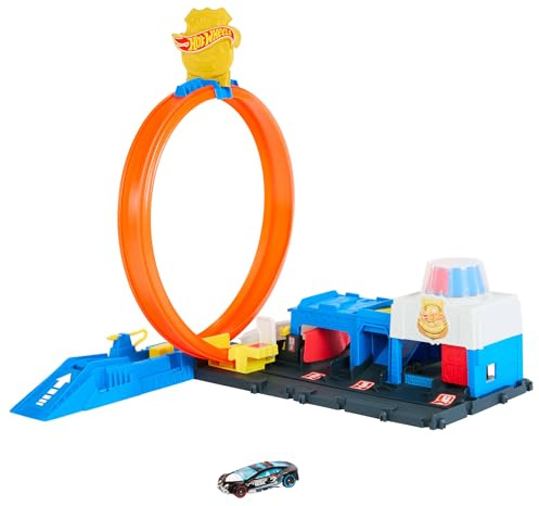 Hot Wheels City - Super Stazione di Polizia, playset regolabile con 4 corsie della pista regolabile per loop e acrobazie, macchinina inclusa, giocattolo per bambini, 4+ anni, JBM71